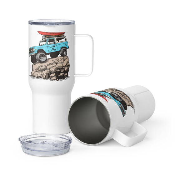 Product mockup of an Offroad Classic Bronco stainless steel tumbler for coffee or water with a straw from River to Ridge Clothing Brand