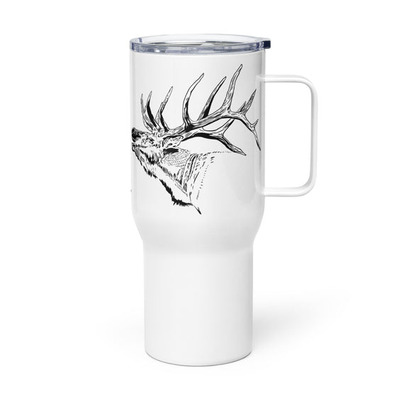 Product mockup of a River to Ridge Brand Elk Logo Stainless Steel Water  or coffee Mug in 40oz with a bull elk on it