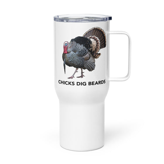 Product mockup of a River to Ridge Brand Chicks Dig Beards Turkey Hunting Stainless Steel Water Mug in 40oz with a long beard turkey on it