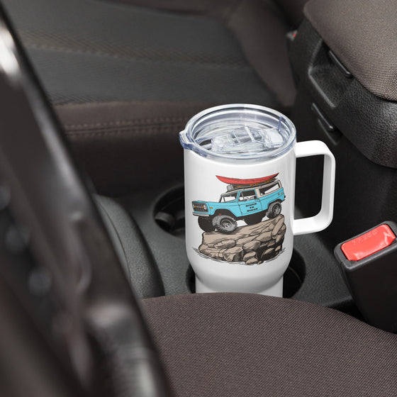 Product mockup of an Offroad Classic Bronco stainless steel tumbler for coffee or water with a straw from River to Ridge Clothing Brand