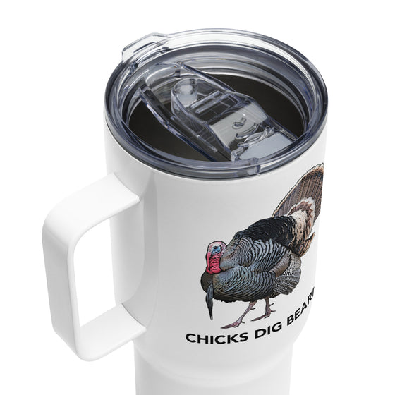 Product mockup of a River to Ridge Brand Chicks Dig Beards Turkey Hunting Stainless Steel Water Mug in 40oz with a long beard turkey on it