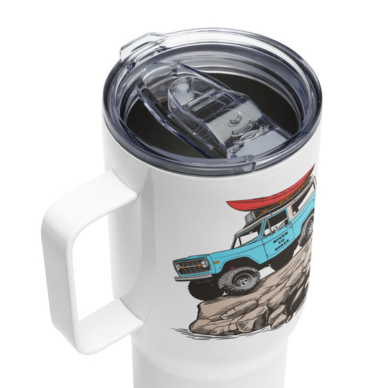 Product mockup of an Offroad Classic Bronco stainless steel tumbler for coffee or water with a straw from River to Ridge Clothing Brand