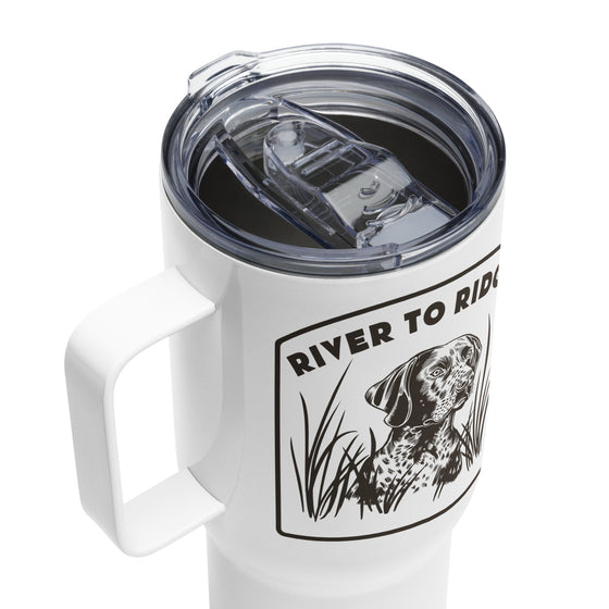 Hunting Dog Water Coffee Tumbler Mug in white stainless steel from River to Ridge Clothing Brand