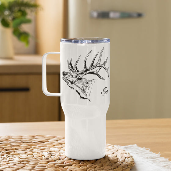 Product mockup of a River to Ridge Brand Elk Logo Stainless Steel Water  or coffee Mug in 40oz with a bull elk on it