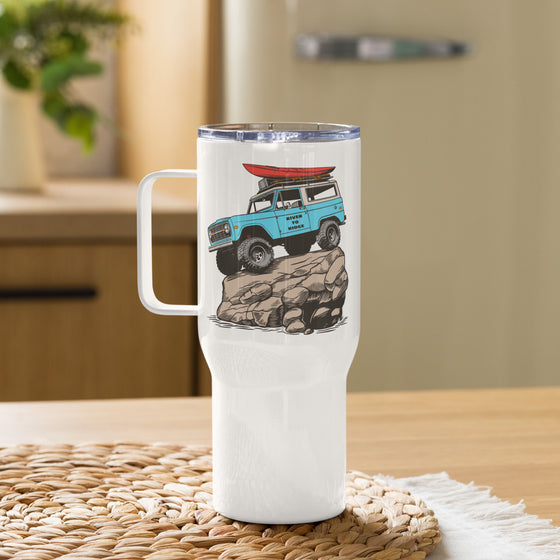 Product mockup of an Offroad Classic Bronco stainless steel tumbler for coffee or water with a straw from River to Ridge Clothing Brand