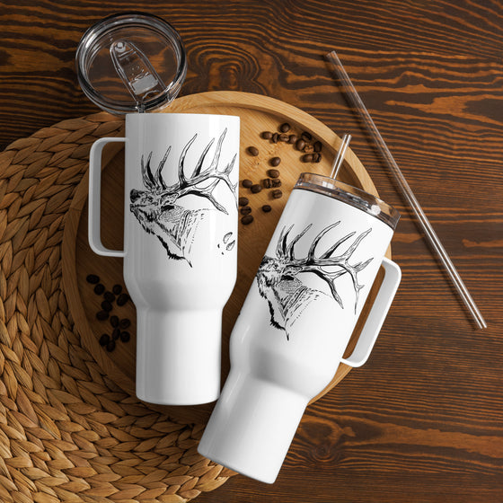 Product mockup of a River to Ridge Brand Elk Logo Stainless Steel Water  or coffee Mug in 40oz with a bull elk on it