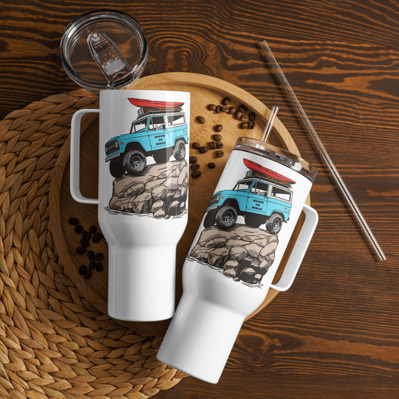 Product mockup of an Offroad Classic Bronco stainless steel tumbler for coffee or water with a straw from River to Ridge Clothing Brand