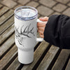 Product mockup of a River to Ridge Brand Elk Logo Stainless Steel Water  or coffee Mug in 40oz with a bull elk on it