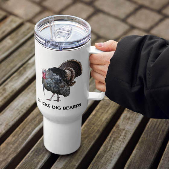 Product mockup of a River to Ridge Brand Chicks Dig Beards Turkey Hunting Stainless Steel Water Mug in 40oz with a long beard turkey on it