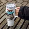 Product mockup of an Offroad Classic Bronco stainless steel tumbler for coffee or water with a straw from River to Ridge Clothing Brand