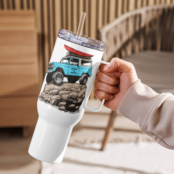 Product mockup of an Offroad Classic Bronco stainless steel tumbler for coffee or water with a straw from River to Ridge Clothing Brand