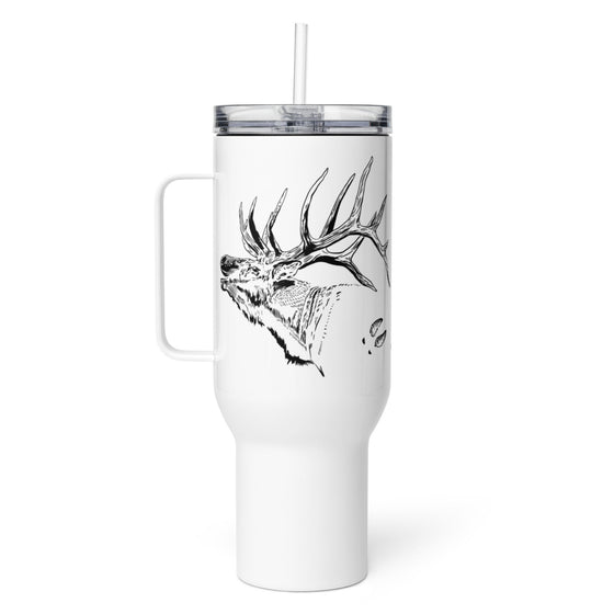 Product mockup of a River to Ridge Brand Elk Logo Stainless Steel Water  or coffee Mug in 40oz with a bull elk on it