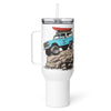 Product mockup of an Offroad Classic Bronco stainless steel tumbler for coffee or water with a straw from River to Ridge Clothing Brand