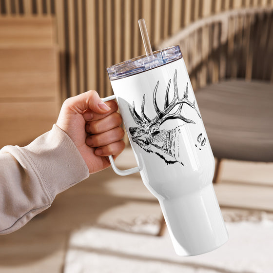 Product mockup of a River to Ridge Brand Elk Logo Stainless Steel Water  or coffee Mug in 40oz with a bull elk on it