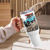 Product mockup of an Offroad Classic Bronco stainless steel tumbler for coffee or water with a straw from River to Ridge Clothing Brand