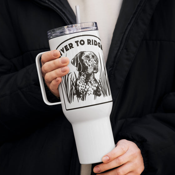 Hunting Dog Water Coffee Tumbler Mug in white stainless steel from River to Ridge Clothing Brand