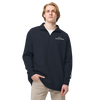 Man wearing Unisex River to Ridge half zip pullover in navy blue  with embroidery logo on chest and sleeve for R2R in white