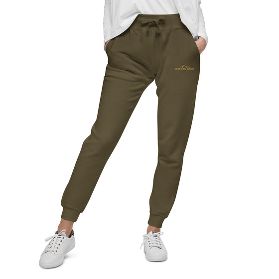 Product mockup of River to Ridge Clothing Brand unisex fleece lined sweatpants in olive green