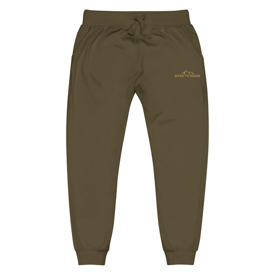 Product mockup of River to Ridge Clothing Brand unisex fleece lined sweatpants in olive green