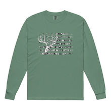  Product mockup of River to Ridge Clothing Brand Vintage Wash Whitetail Flag Logo long sleeve t shirt in teal green with a deer skull over the USA flag