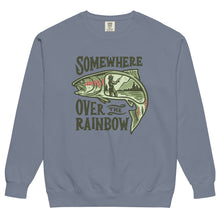  Product mockup of a River to Ridge Clothing Brand Womens Pullover Sweatshirt with the Somewhere Over the Rainbow, Trout Fishing Logo on it with a woman fishing on a river inside of the rainbow trout drawing