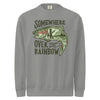 Product mockup of a River to Ridge Clothing Brand Womens Pullover Sweatshirt with the Somewhere Over the Rainbow, Trout Fishing Logo on it with a woman fishing on a river inside of the rainbow trout drawing