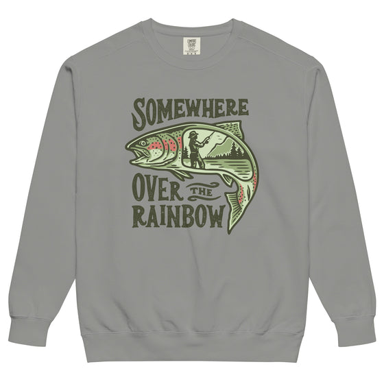 Product mockup of a River to Ridge Clothing Brand Womens Pullover Sweatshirt with the Somewhere Over the Rainbow, Trout Fishing Logo on it with a woman fishing on a river inside of the rainbow trout drawing