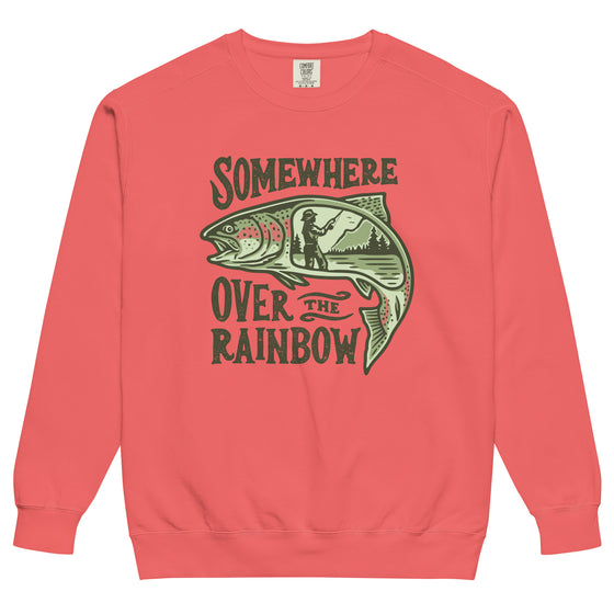 Product mockup of a River to Ridge Clothing Brand Womens Pullover Sweatshirt with the Somewhere Over the Rainbow, Trout Fishing Logo on it with a woman fishing on a river inside of the rainbow trout drawing