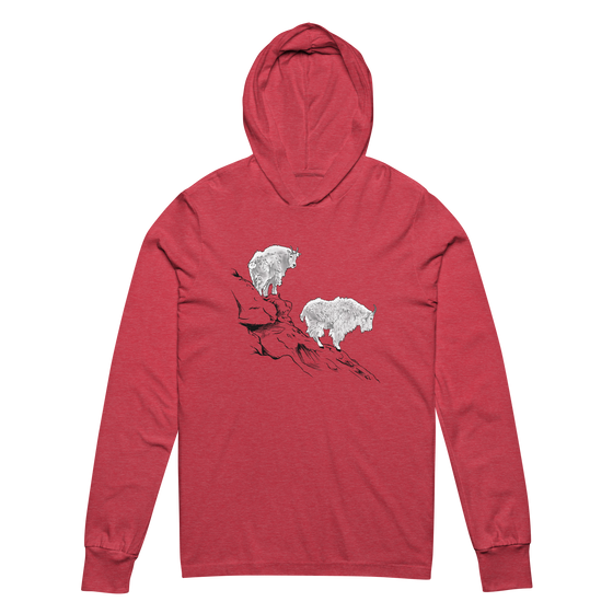 Womens lightweight t shirt hoodie in red with mountain goat logo standing on a ledge