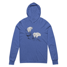  Womens lightweight t shirt hoodie with alaskan mountain goats standing on a cliff, blue and white