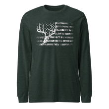  Whitetail flag long sleeve t shirt from River to Ridge Clothing Brand, with a deer skull over the american flag in camo