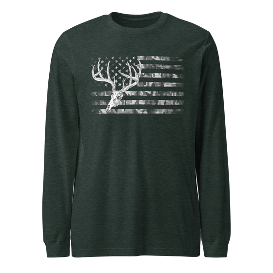 Whitetail flag long sleeve t shirt from River to Ridge Clothing Brand, with a deer skull over the american flag in camo