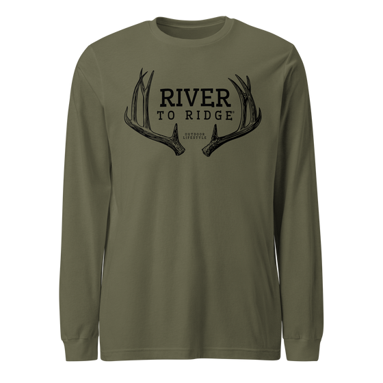 Men's Olive Long Sleeve T Shirt from River to Ridge clothing brand with Mule Deer antler sheds on it