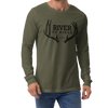 Men's Olive Long Sleeve T Shirt from River to Ridge clothing brand with Mule Deer antler sheds on it.  Worn by an athletic man wearing jeans