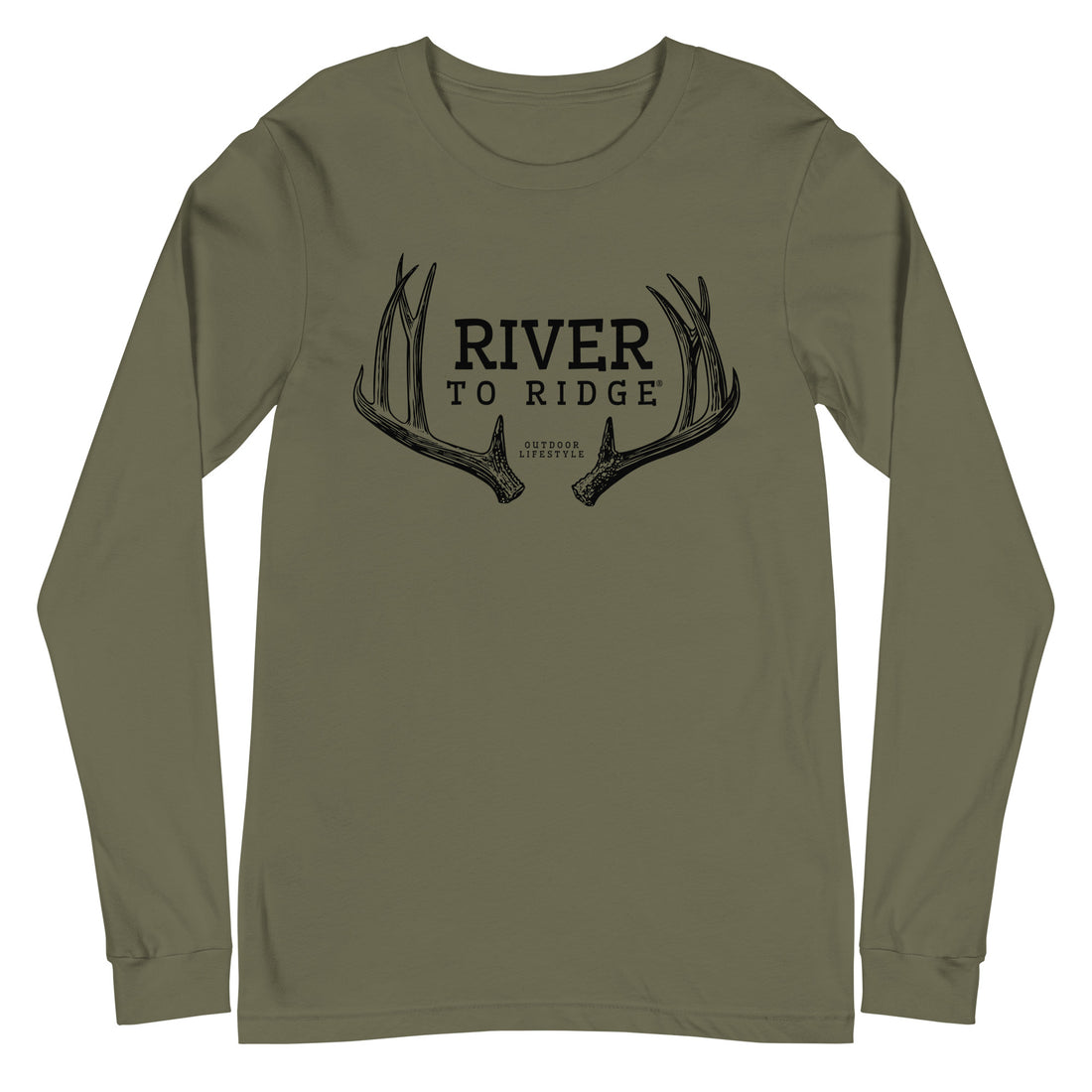  Product mockup of River to Ridge brand deer antler logo long sleeve t shirt