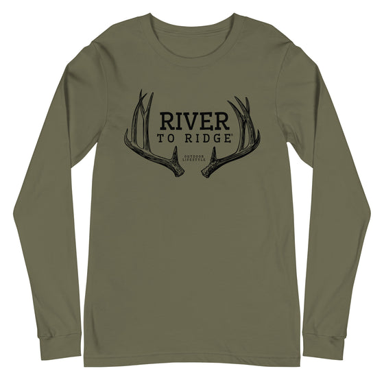 Product mockup of River to Ridge brand deer antler logo long sleeve t shirt