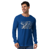 Man wearing a whitetail deer skull flag logo in camo on a blue long sleeve t shirt from river to ridge clothing brand