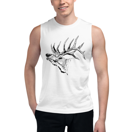 Men's white muscle tank top with River to Ridge Elk Logo