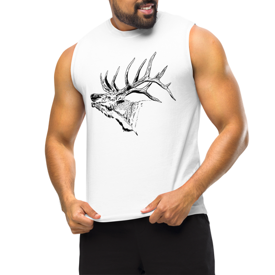 Men's Muscle Tank Top in white, from River to Ridge Clothing Brand with an Elk bugling on it