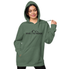 River to Ridge Clothing Brand Womens Vintage Wash Hoodie in green with embroidered logo on chest and sleeve in black - worn by a pretty woman