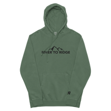  River to Ridge Clothing Brand Womens Vintage Wash Hoodie in green with embroidered logo on chest and sleeve in black