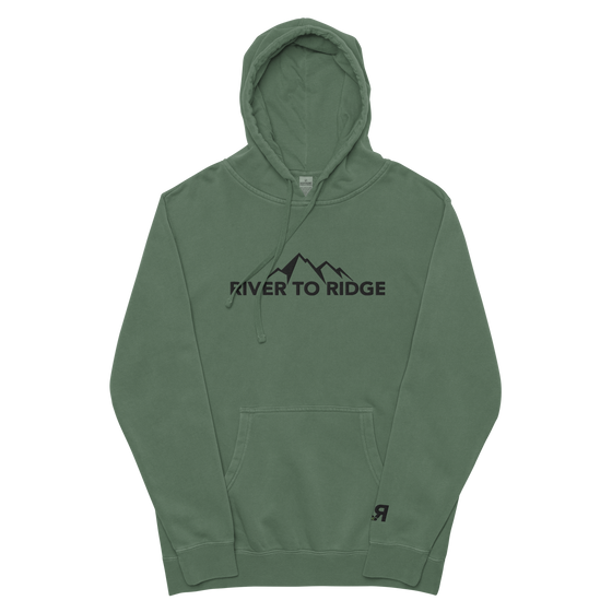 River to Ridge Clothing Brand Womens Vintage Wash Hoodie in green with embroidered logo on chest and sleeve in black