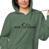 River to Ridge Clothing Brand Womens Vintage Wash Hoodie in green with embroidered logo on chest and sleeve in black