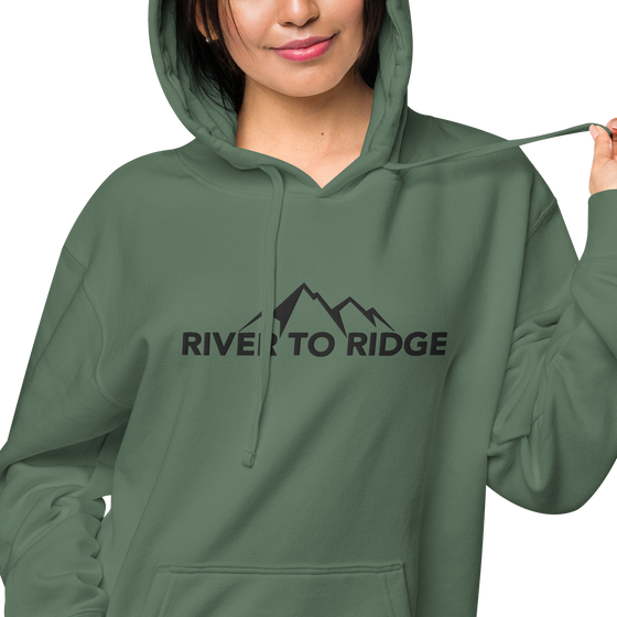 River to Ridge Clothing Brand Womens Vintage Wash Hoodie in green with embroidered logo on chest and sleeve in black