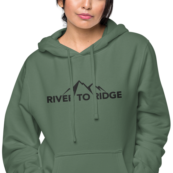 River to Ridge Clothing Brand Womens Vintage Wash Hoodie in green with embroidered logo on chest and sleeve in black