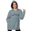 Indigo Blue Womens Hoodie with the River to Ridge Clothing Mountain Logo embroidered on the chest and cuff of sleeve. worn by a pretty woman with the hood up