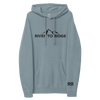 Indigo Blue Womens Hoodie with the River to Ridge Clothing Mountain Logo embroidered on the chest and cuff of sleeve.