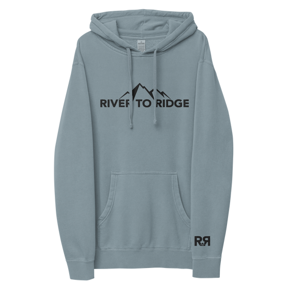 Indigo Blue Womens Hoodie with the River to Ridge Clothing Mountain Logo embroidered on the chest and cuff of sleeve.