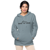 Indigo Blue Womens Hoodie with the River to Ridge Clothing Mountain Logo embroidered on the chest and cuff of sleeve. Worn by a pretty woman