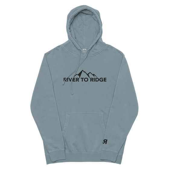 Indigo Blue Womens Hoodie with the River to Ridge Clothing Mountain Logo embroidered on the chest and cuff of sleeve.